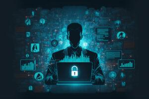 Cyber-Sicherheitsnetzwerk, Geschäftsmann, der einen Laptop und ein digitales Vorhängeschloss für den Datenschutz in Internet-Technologie-Netzwerken und sozialen Medien gemäß DSGVO verwendet.