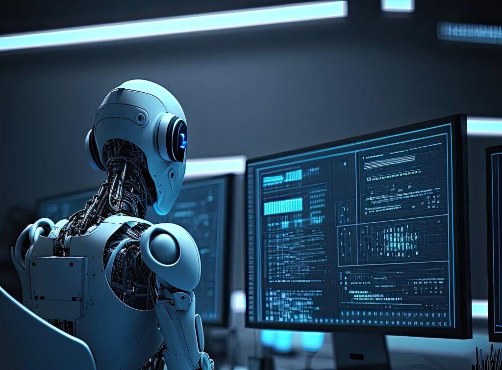 Robotik arbeitet mit mehreren Computern arbeiten und überwachen Daten in lebenden modernen Raum