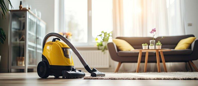 sauberes Wohnzimmer mit gelbem Staubsauger im Vordergrund