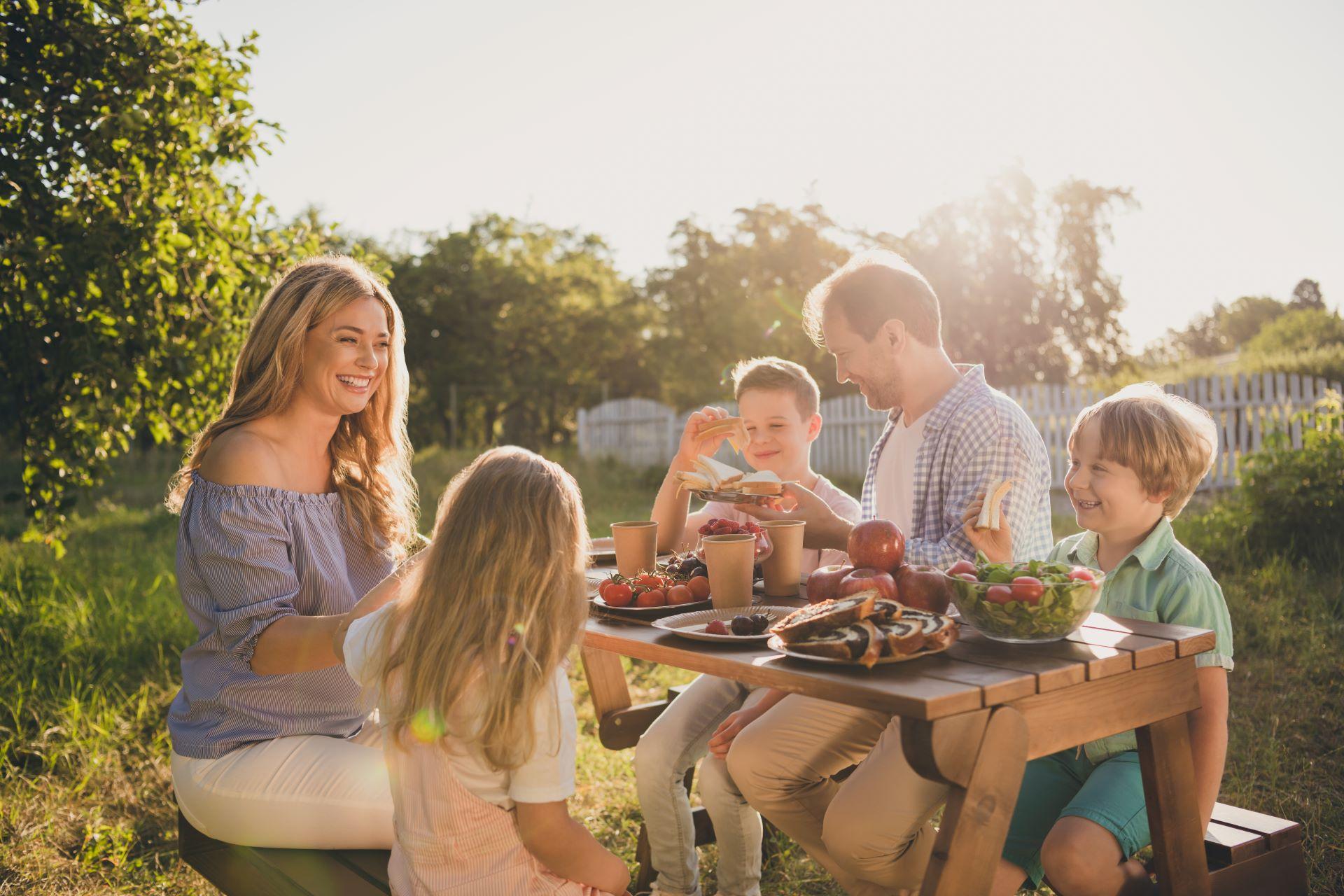 Eine glückliche Familie genießt ein Picknick im Garten an einem sonnigen Tag. Sie sitzen an einem Holztisch, der mit frischem Obst, Salaten und Snacks gedeckt ist. Im Hintergrund sind Bäume und ein Zaun zu sehen. Eine Aussenküche bietet zusätzliche Zubereitungsmöglichkeiten im Freien.