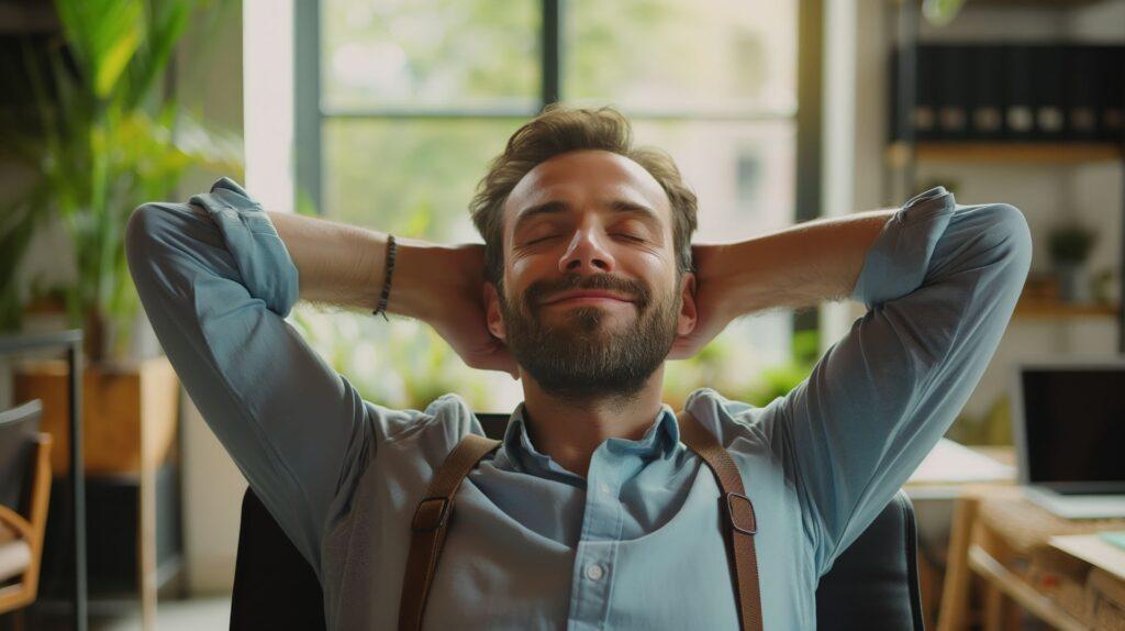 Mann entspannt sich im Bürostuhl nach der Arbeit und erlebt stressfreie Momente mit Nikotinsalz Liquid.