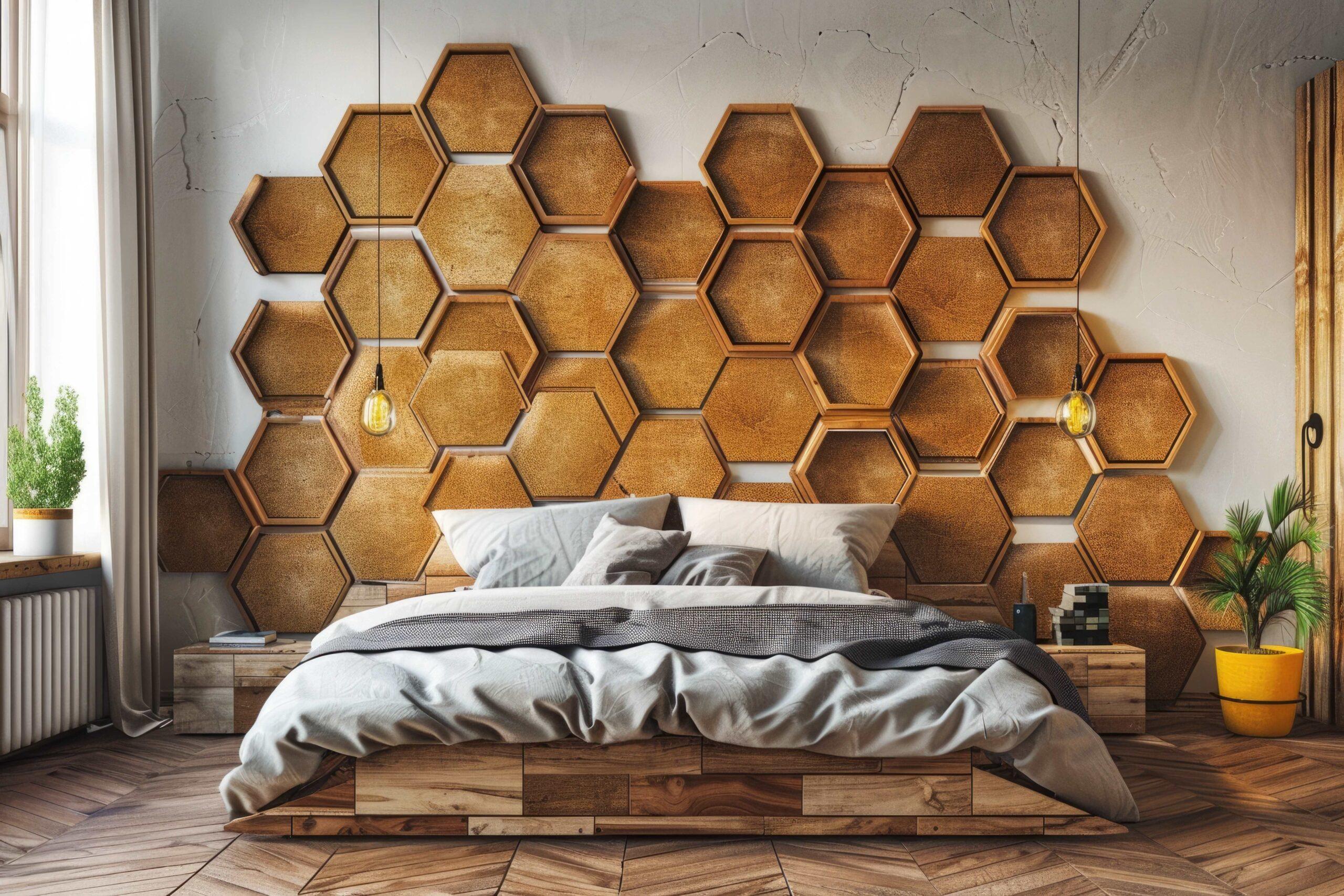 Ein stilvoll gestaltetes Schlafzimmer mit einer Wand aus hexagonalen Korkplatten. Die Korkwand verleiht dem Raum eine warme und natürliche Atmosphäre. Das Bett ist mit grauen und weißen Kissen dekoriert und steht auf einem Holzboden mit Fischgrätmuster. Eine hängende Glühbirne und eine Zimmerpflanze in einem gelben Topf ergänzen die gemütliche Einrichtung.