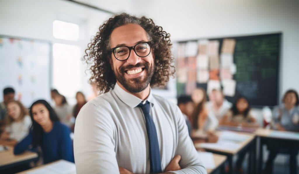 Ein lächelnder Lehrer in einem Klassenzimmer, sicher durch eine Dienstunfähigkeitsversicherung für Lehrer