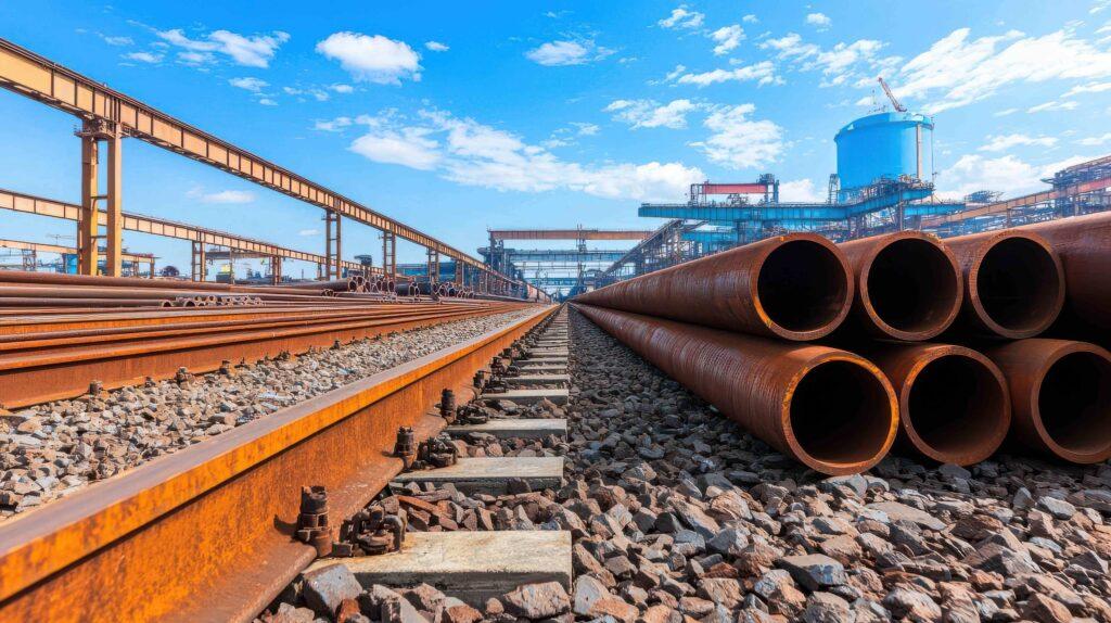 Industrieszene mit verrosteten Eisenbahnschienen und großen Stahlrohren unter strahlendem Himmel, die Bauwesen und Technik symbolisieren.