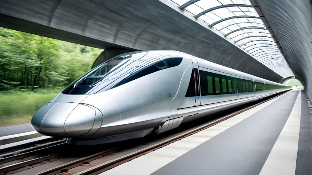 Schlanker Hochgeschwindigkeitszug, der durch einen futuristischen Tunnel rast - ein Blick in die Zukunft des Transports