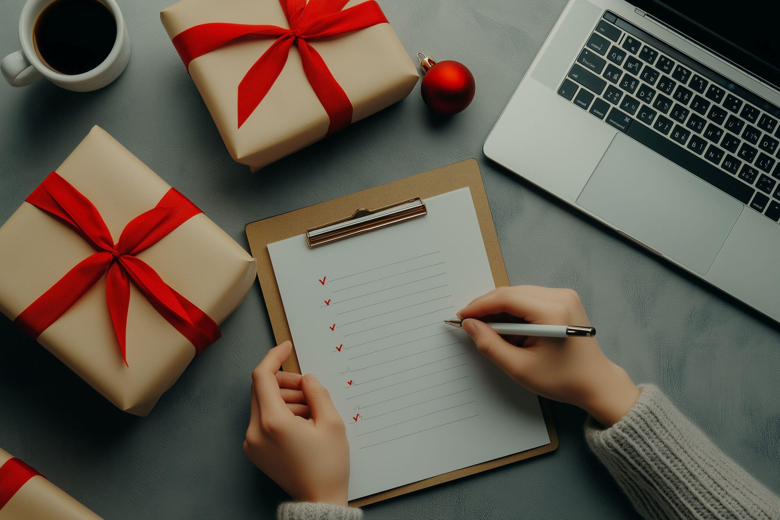 Person schreibt eine Checkliste neben Geschenken mit roten Schleifen auf einem Schreibtisch mit Laptop