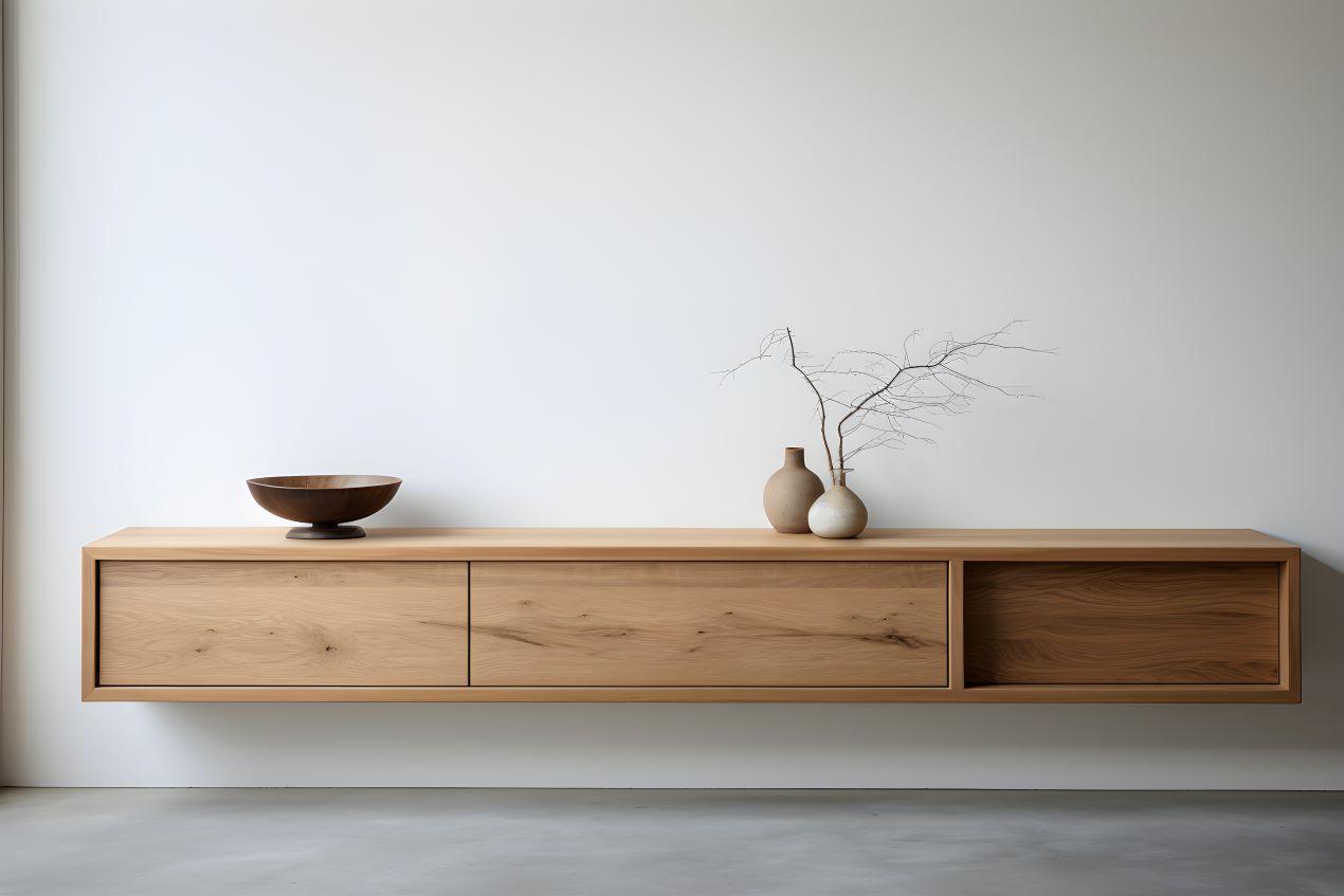 Ein modernes, schwebendes Sideboard aus hellem Holz an einer weißen Wand, dekoriert mit Keramikvasen und einer Holzschale für ein minimalistisches Ambiente.