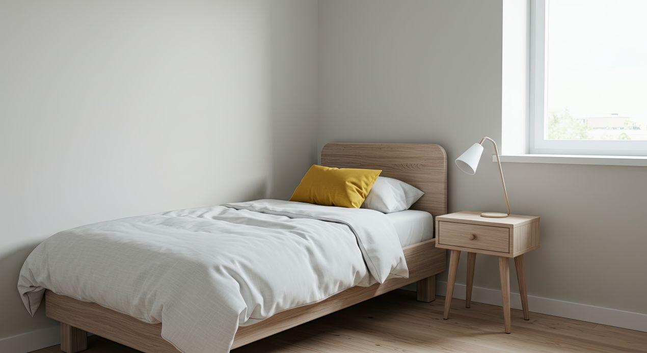 Einzelbett aus hellem Holz mit Nachttisch und Lampe in modernem, schlichtem Schlafzimmer mit Fenster