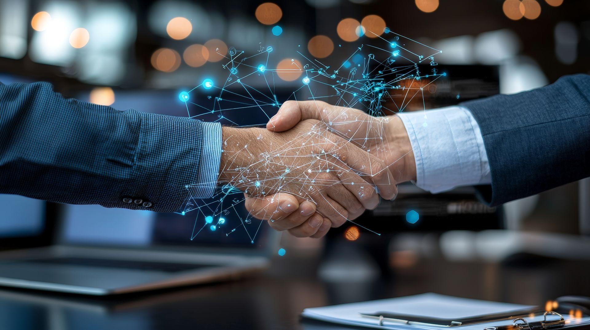 Handschlag zwischen zwei Geschaeftspartnern mit digitalem Netzwerk-Overlay, steht fuer die Verbindung von Technik und Recht durch einen Anwalt fuer IT Recht
