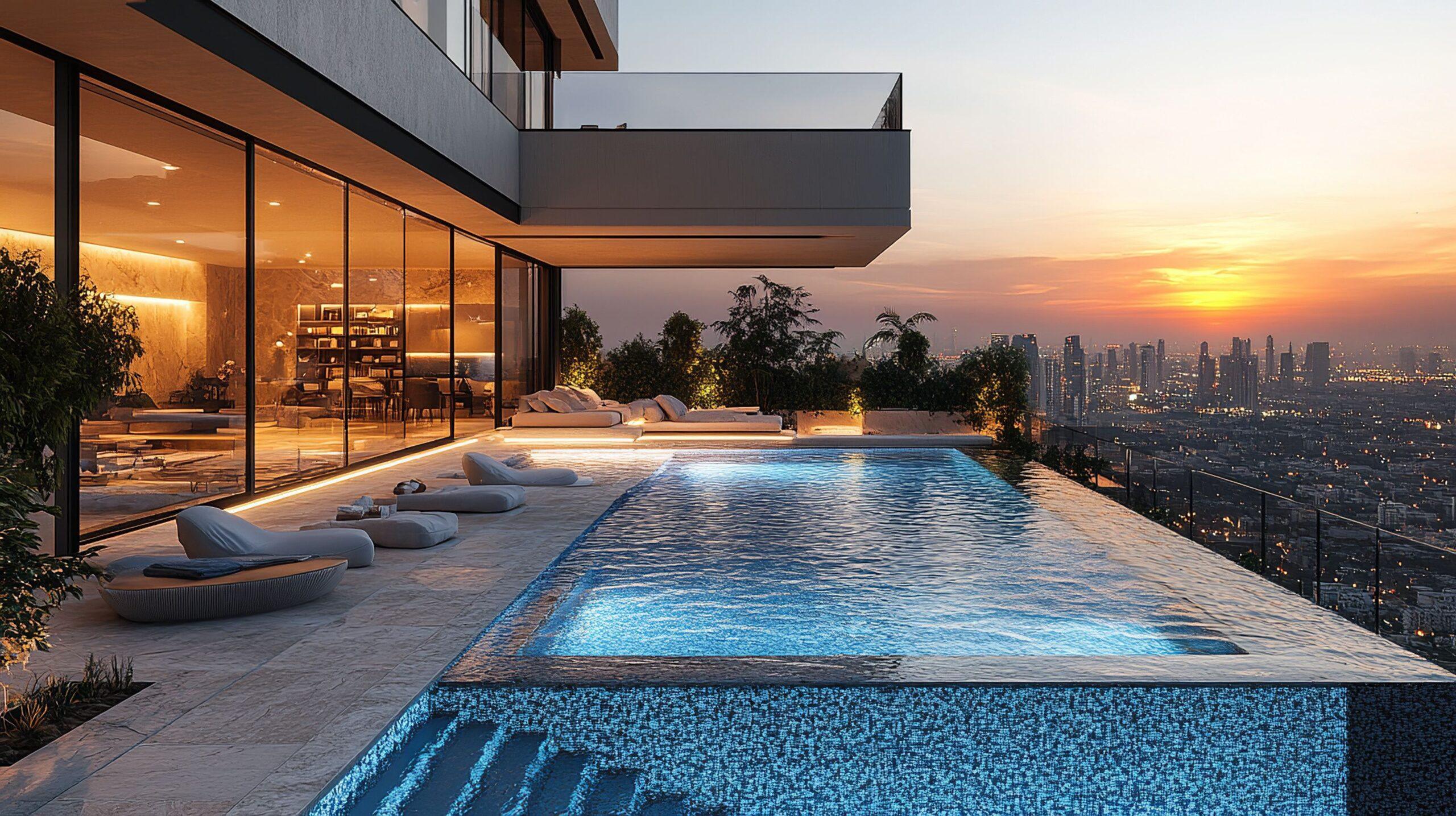 Villa mit Infinity Pool bei Sonnenuntergang