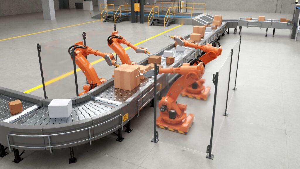 Baugruppenmontage mit automatisierten Roboterarmen an moderner Fertigungsstraße