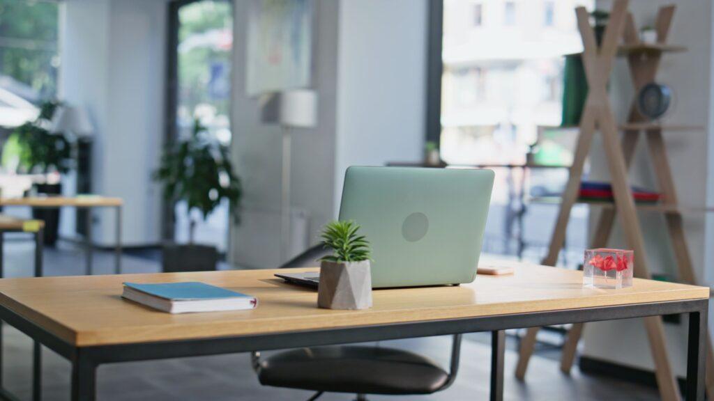 Helles Buero mit Laptop, Pflanzen und minimalistischer Einrichtung, steht fuer konzentriertes Arbeiten und ruhige Atmosphaere durch Schallschutzkabine