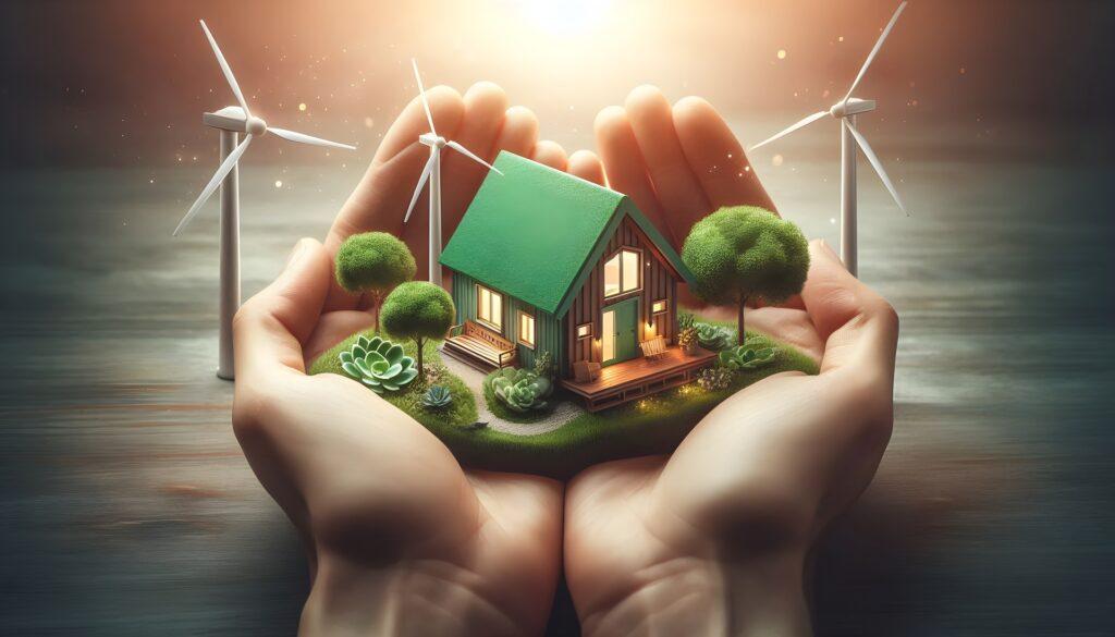 Symbolisches Minihaus mit Windrädern und grüner Energie | Deye Hybrid Wechselrichter